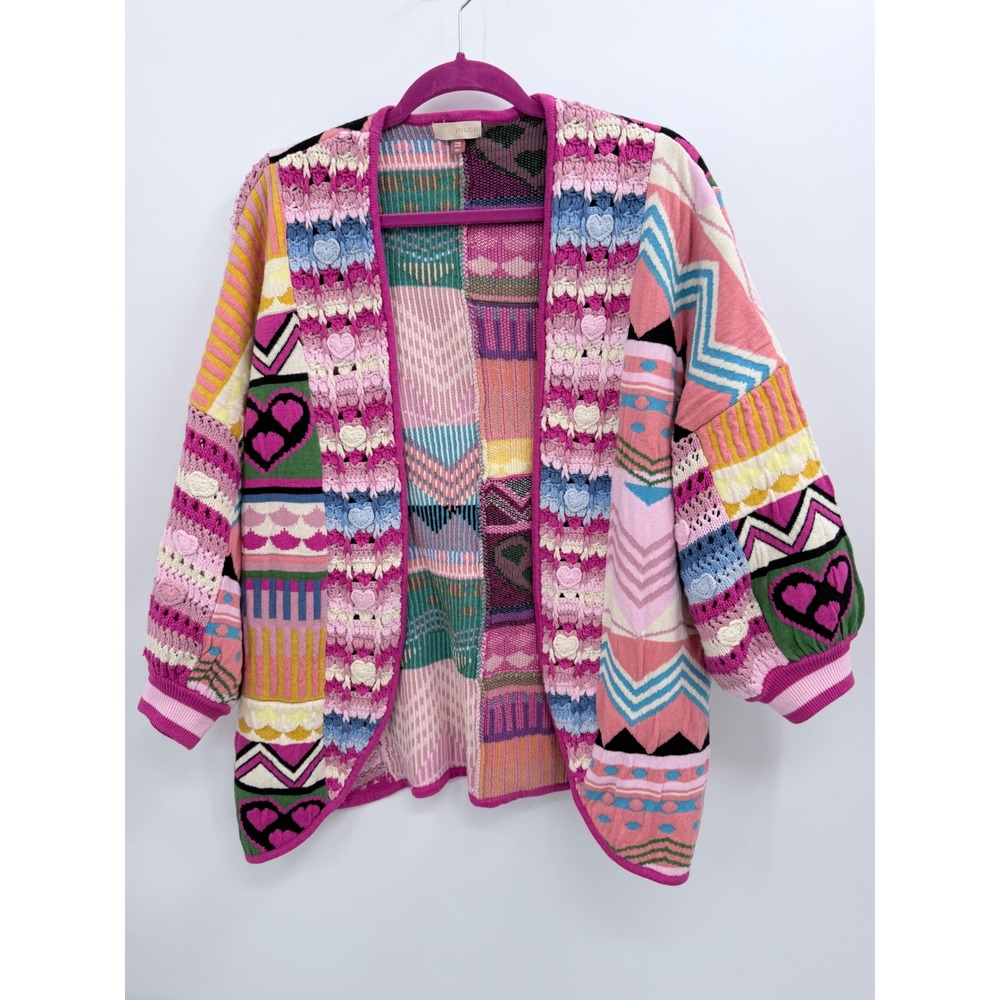 Pilcro Cardigan Women One Size Pink Patchwork Heart Crochet Knit Sweater Boho